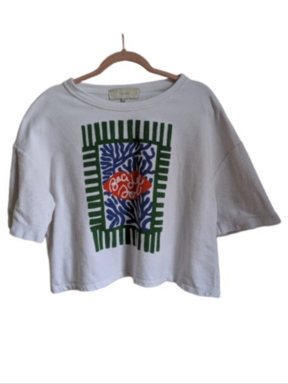 TINSELS French White Graphic Cropped Oversized Bohemian T-shirt Size Extra-Small
